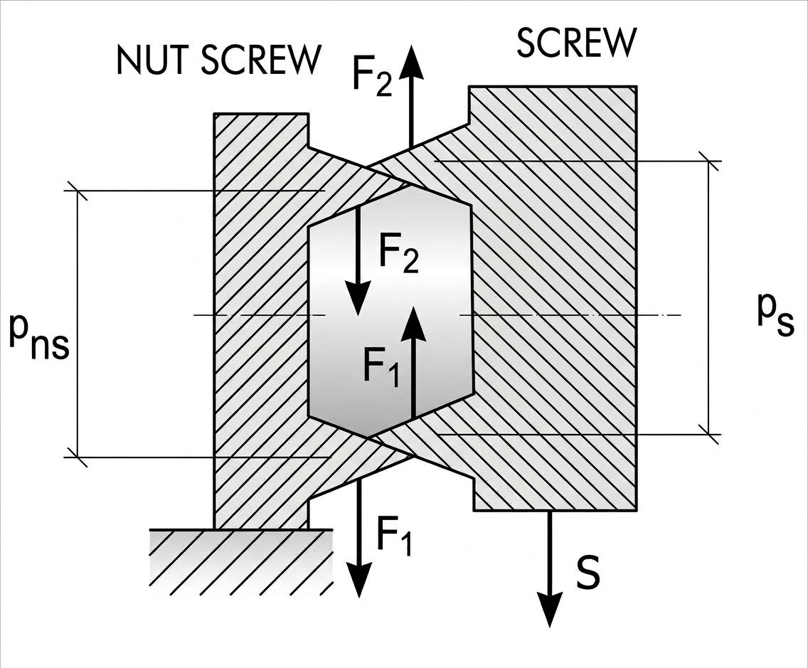Schematic of Thread Engagement, Forces and Pitch Steps (Nut Screw and Screw)